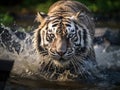 Amur tiger running in Danger Animal in forest Grey river droplet