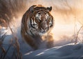 Amur Tiger Running in the Snow.. AI generated Illustration