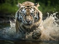 Amur tiger running in water. Danger animal tajga Russia. Animal in forest stream. Grey Stone river droplet Royalty Free Stock Photo