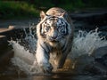 Amur tiger running in water. Danger animal tajga Russia. Animal in forest stream. Grey Stone river droplet Royalty Free Stock Photo