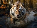 Amur tiger running in water. Danger animal tajga Russia. Animal in forest stream. Grey Stone river droplet Royalty Free Stock Photo