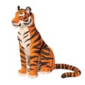 Amur tiger sitting isolated on white background. Bengal tiger side view vector cartoon illustration. Endangered animal.