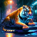 Amur tiger on the street at night. 3D illustration. AI generated