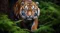 Amur tiger walking in the water. Dangerous animal, taiga, Russia. Animal in green forest stream.