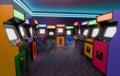 Amusement Arcade With Colorful Retro Arcade Machines and Blue Neon Light Royalty Free Stock Photo