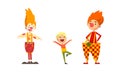Amusement Clowns Characters Set, Funny Clowns Entertaining Children at Circus Show Cartoon Vector Illustration