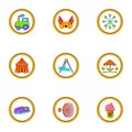 Amusement day icon set, cartoon style