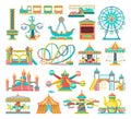 Amusement or Entertainment Park with Attractions Like Merry-go-round and Bouncy Castle Vector Set