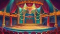 An amusement festival stage with bright illuminations, a red drapery curtain, and a sparkling golden podium for an Royalty Free Stock Photo