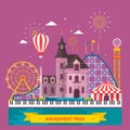 Amusement park with attraction and rollercoaster, tent with circus, carousel or round attraction, merry go round, ferris