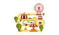 Amusement park attractions, circus tent, ferris wheel, merry go round flat vector Illustration Royalty Free Stock Photo