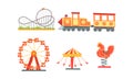 Amusement Park Attractions Collection, Funfair, Carnival, Circus Design Elements with Carousels, Roller Coaster, Train Royalty Free Stock Photo