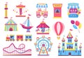 Amusement park attractions, fairground rides, carnival elements. Cartoon circus tent, carousel, rollercoaster, funfair