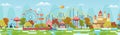 Amusement park with attractions and fairytale castle concept flat vector illustration background Royalty Free Stock Photo