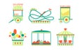 Amusement Park Attractions Icons Set, Roller Coaster, Ferris Wheel, Bumper Cars, Ice Cream and Popcorn Carts Vector Royalty Free Stock Photo