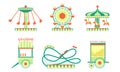 Amusement Park Attractions Icons Set, Roller Coaster, Ferris Wheel, Ice Cream and Popcorn Carts Vector Illustration Royalty Free Stock Photo