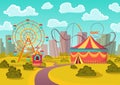 Amusement park attractions with merry-go-round horseabout carousel, observation wheel and roller coaster amusement rides Royalty Free Stock Photo