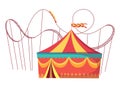 Amusement park attractions with roller coaster amusement rides and round circus tent. Vector illustration on white