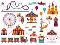Amusement park attractions set. Carnival amuse kids carousels games fairground attraction play rollercoaster Royalty Free Stock Photo