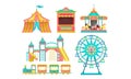 Amusement Park Attractions Set, Carousels,Circus Tent, Ticket Booth, Ferris Wheel Vector Illustration Royalty Free Stock Photo