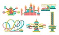 Amusement Park Attractions Set, Rollercoaster, Castle, Carousels Vector Illustration