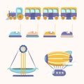 Amusement park attractions set. Swing, train, inflatable ball, racing cars. vector illustration Royalty Free Stock Photo