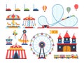 Amusement park attractions. Train, ferris wheel, carousel and roller coaster flat vector icons Royalty Free Stock Photo