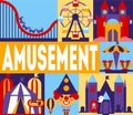 Amusement Park Banner, Carnival, Circus Funfair with Carousels, Rollercoaster, Horror Castle Vector Illustration