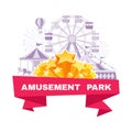 Amusement park banner with different carousels, swings and ferris wheel Royalty Free Stock Photo