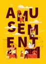 Amusement Park Banner Set. Pop-corn Store, Shooting Gallery and Clown on Circus Entertainment Concept Big Letter Website