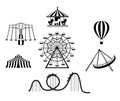 Amusement park black icons. Recreation fun attractions Royalty Free Stock Photo