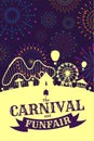 Carnival funfair banner with firework on night sky. Amusement park with circus, carousels, roller coaster, attractions