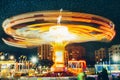 Amusement Park And Carousel At Night, Long Exposure Motion Blur Entertainment Carnival Enjoyment Concept Royalty Free Stock Photo