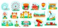 Amusement park with carousel vector illustration set, cartoon flat fun carnival fair icons with roller coasters, air