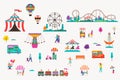 Amusement park with carousels, air balloons and roller coaster. Circus, Fun fair and Carnival icon set Royalty Free Stock Photo