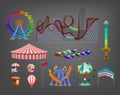 Amusement park for children with attractions and fun icons set.