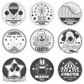 Amusement park, circus and carnival vector vintage emblems and labels