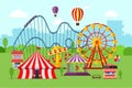 Amusement park with circus carousels roller coaster and attractions on city background. Fun fair and carnival theme Royalty Free Stock Photo