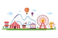 Amusement park with circus carousels roller coaster and attractions. Fun fair and carnival theme landscape. Ferris wheel