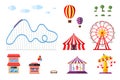 Amusement park with circus carousels roller coaster and attractions icon set. Fun fair and carnival theme objects