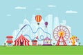 Amusement park with circus carousels roller coaster and attractions on modern city background. Fun fair and carnival Royalty Free Stock Photo