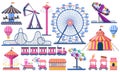 Amusement park. Circus festival tent, roller coaster, train, ferris wheel and carnival carousel. Kids entertainment park