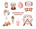Amusement park collection. Ferris wheel, cotton candy, popcorn, ice cream and sweets, milkshake