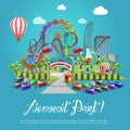 Amusement park concept with flat fairground elements on background. Royalty Free Stock Photo