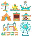 Amusement park design elements set, merry go round, carousel, circus tent, ferris wheel, train, ticket booth vector