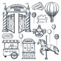 Amusement park design elements. Vector hand drawn sketch illustration. Entrance, ticket office, horse carousel icons