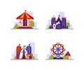 Amusement Park Different Attractions Set, Circus Tent, Carousels, Scary Horror Ride and Ferris Wheel Vector Illustration Royalty Free Stock Photo