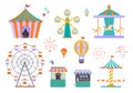 Amusement park. different funny attractions for kids ride wheel circus tent carousel. vector playground elements Royalty Free Stock Photo