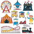 Amusement park elements color flat icons set