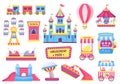 Amusement park elements, festival or carnival fairground games. Roller coaster, train, carousel, circus tent, fair